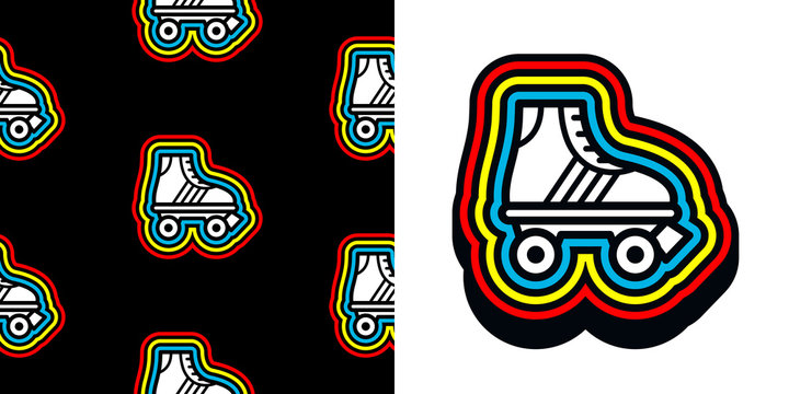 Roller skate icon with colorful frame and seamless pattern against black background 