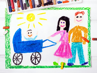 Obraz na płótnie Canvas Colorful drawing: Happy parents with a baby in a stroller