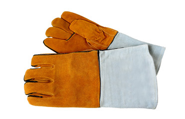Accessories of welder. Rough leather gloves for welders, isolated on white background. 