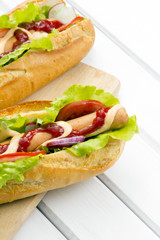 hot dogs on a wooden table