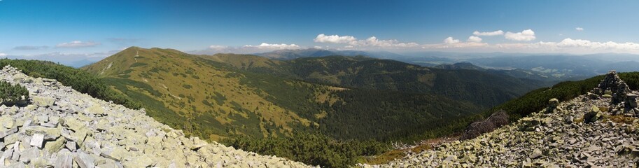 Fototapeta na wymiar east panorama view from Prasiva with Velka Chochula in Nizke Tatry mountains in Slovakia