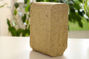 Alternative fuel, eco fuel, bio fuel. Wood sawdust briquettes for stoves. Lean-burn with good heat output. Briquettes from sawdust on a green background.