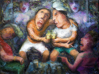 Nightlife alcoholic men drinking and partying with prostitute in