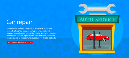 Car service and car repair vector illustration, flat horizontal banner