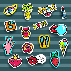Fashion Patches Set. Modern Pop Art Stickers. Heart,Lips, Hands,Jeans, Eyes,Perfume,Lipstic. Vector Illustration.