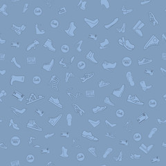  seamless pattern, Many object shoes purchased in the shop. Shopping  background concept. In flat thin lines outline style icons with shop 