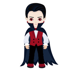 Fototapeta premium Funny cartoon little vampire, boy wearing Halloween costume, vector illustration