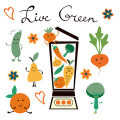 Live green. Fruits and vegetables colorful collection