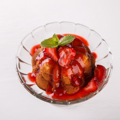 Cupcake cottage cheese with strawberry jam on white background.selective focus.