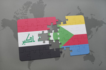 puzzle with the national flag of iraq and comoros on a world map background.