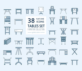 Vector furniture line icons, table symbols. silhouette of different table - dinner, writing, dressing table. Linear desk pictograms with editable stroke for furniture store, platen storage.
