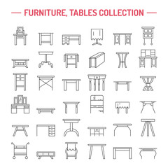 Vector furniture line icons, table symbols. silhouette of different table - dinner, writing, dressing table. Linear desk pictograms with editable stroke for furniture store, platen storage.