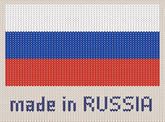 Russian knitted flag. Modern vector knitting  pattern, wool knitted texture, banner of Russia. Flat knitted standard, design element for sites. Hand made flag.