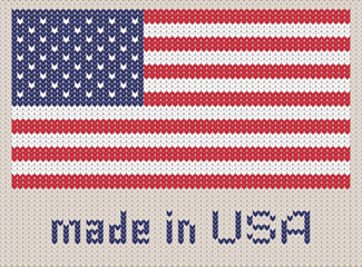 American flag knitted pattern, made in USA. Modern vector ornament, wool knitted texture, banner of United States. Flat knitted standard, Stars and Stripes design element for sites. Hand made flag.