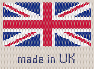 Union Jack knitted pattern, UK flag. Modern vector ornament, wool knitted texture, banner of United Kingdom. Flat knitted standard, design element for sites. Hand made flag.