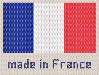 French flag knitted pattern, made in France. Modern vector ornament, wool knitted texture, banner of France. Flat knitted standard, design element for sites. Hand made flag.