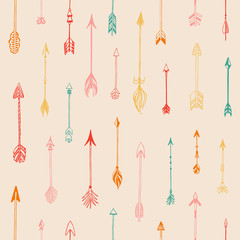 Seamless pattern with arrows. Different arrows collection. Decorative vector stylized illustration of booms. Cute repeated texture with arrows for packaging, books, textile. Wrapping paper design.