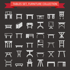 Vector furniture flat icons, table symbols. silhouette of different table - dinner, writing, dressing table. Desk pictograms, silhouette for furniture store, platen storage.