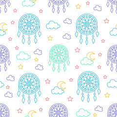 Seamless pattern with dream catchers. Elements - dreamcatcher, star, moon. Vector illustration. Cute repeated texture with dream catchers for packaging, book, textile. Wrapping paper design.
