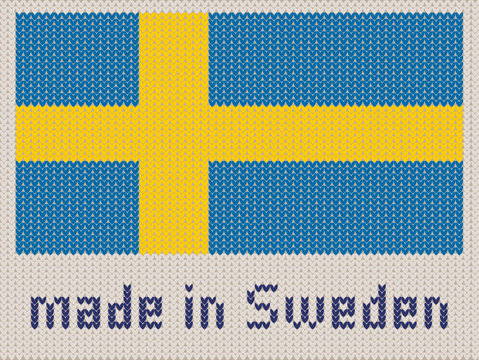 Swedish flag knitted pattern, made in Sweden. Modern vector ornament, wool knitted texture, banner of Sweden. Flat knitted standard, design element for sites. Hand made flag.