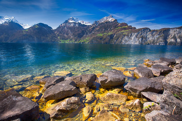 Fototapeta na wymiar View to Swiss Alps and Lucerne lake from Sisikon village, Switzerland