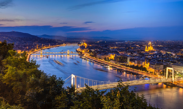 Night view of Budapest,Hungary with Elisabeth brudge over Danube river from fortress Citadel.