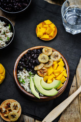 black beans fried banana mango cilantro rice bowl