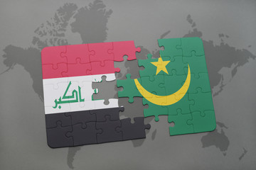 puzzle with the national flag of iraq and mauritania on a world map background.
