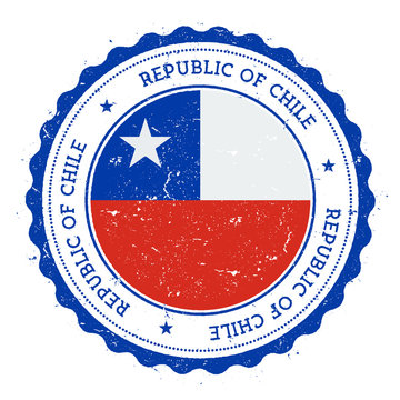 Grunge rubber stamp with Chile flag. Vintage travel stamp with circular text, stars and national flag inside it. Vector illustration.