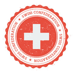 Grunge rubber stamp with Switzerland flag. Vintage travel stamp with circular text, stars and national flag inside it. Vector illustration.