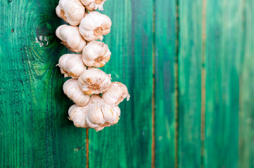 Garlic Garland on Green Rustic Background