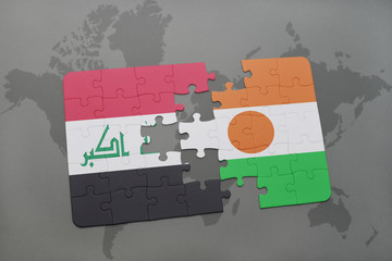 puzzle with the national flag of iraq and niger on a world map background.