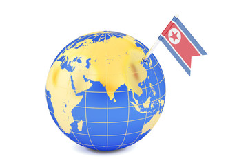 North Korea pin flag on globe map, 3D rendering