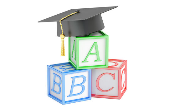 education concept, abc cubes with graduation cap. 3D rendering