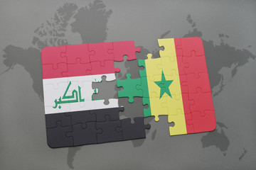 puzzle with the national flag of iraq and senegal on a world map background.