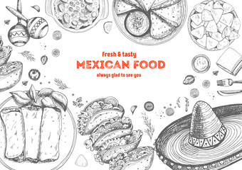 Mexican food frame. Mexican food vector illustration. Linear graphic style.