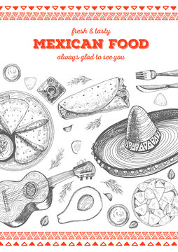 Mexican food frame. Mexican food vector illustration. Linear graphic style.