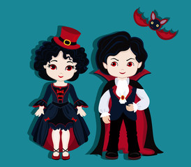 Illustration of very cute boy and girl dressed in a vampire costume.