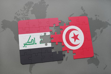 puzzle with the national flag of iraq and tunisia on a world map background.