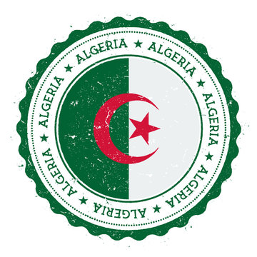 Grunge rubber stamp with Algeria flag. Vintage travel stamp with circular text, stars and national flag inside it. Vector illustration.