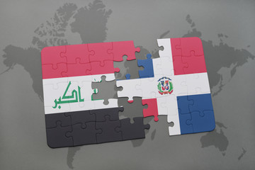 puzzle with the national flag of iraq and dominican republic on a world map background.