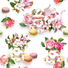 Garden poster Tea Flowers, tea cup, cakes, macaroons, pot. Watercolor. Seamless background