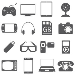 Набор иконок, гаджетов. Джойстик, ПК, планшет, консоль, наушники, карты памяти, камеры, очки, фотоаппарат, плеер, Телевизор, Телефон, мобильный, ноутбук.