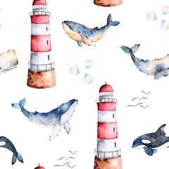 Behang Naadloos patroon met hoogwaardige handbeschilderde aquarel walvissen, schelpen en vuurtoren in pastelkleuren. Perfect voor uw project, textuur, blog, behang, patroon, kindertextuur, cadeaupapier, inpakpapier enz © katerinas39