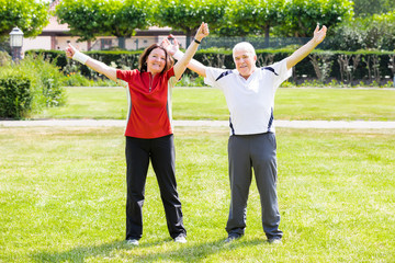Obraz premium Couple Raising Arms In Park