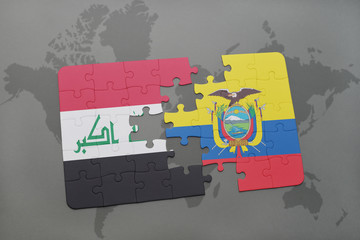 puzzle with the national flag of iraq and ecuador on a world map background.