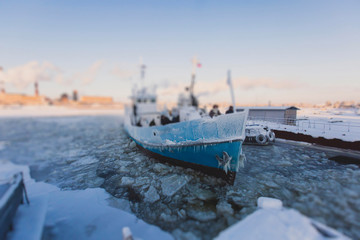 The Icebreaker ship trapped in ice tries to break and leave the