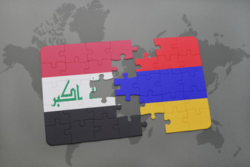 puzzle with the national flag of iraq and armenia on a world map background.