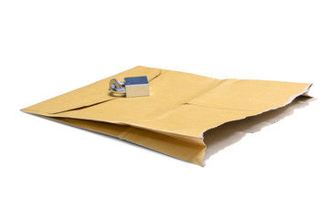 Security backdoor represented by torn Envelope with Padlock on White Background