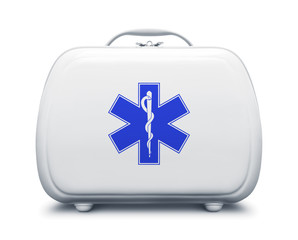 First aid kit with star of life logo on white background, frontal view